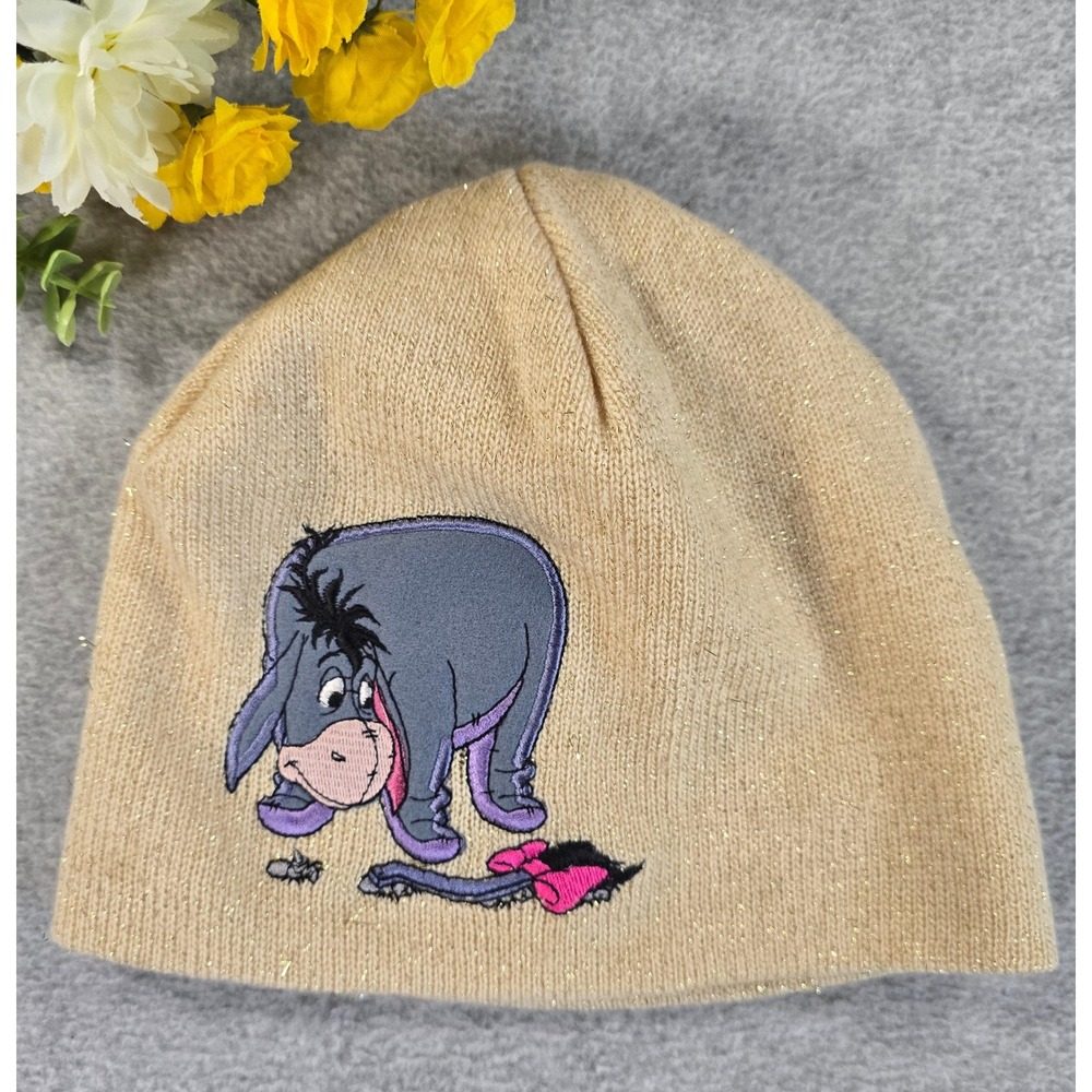 Disney Eeyore Beanie Hat Womens Beige Gold Sparkle Metallic Knit Embroidered